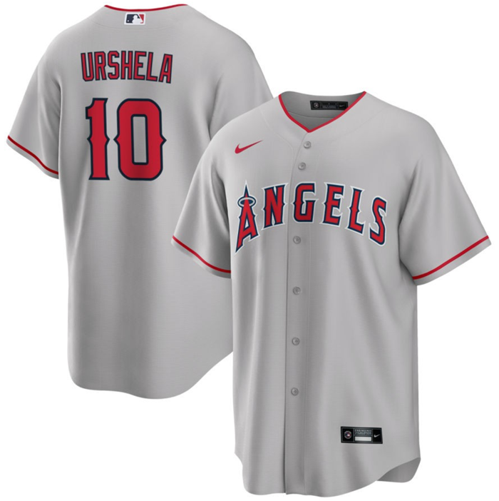Men's Los Angeles Angels #10 Gio Urshela Gray Cool Base Stitched Jersey